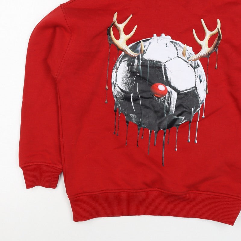 F&F Boys Red 9-10 Years Pullover Hoodie Reindeer Football Graphic