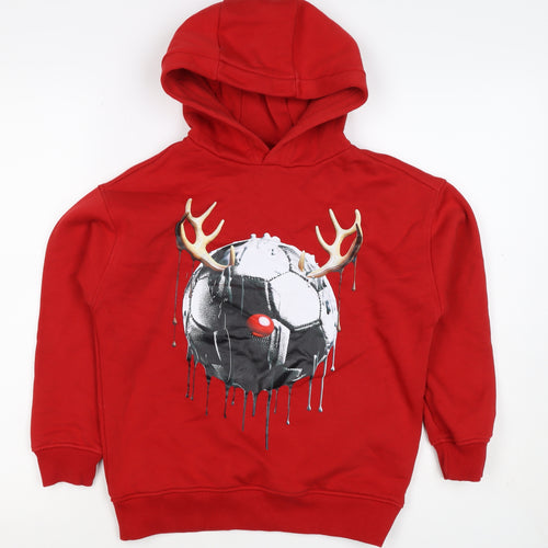 F&F Boys Red 9-10 Years Pullover Hoodie Reindeer Football Graphic