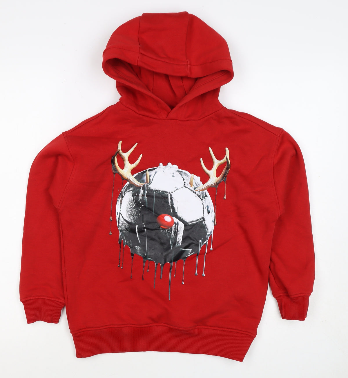 F&F Boys Red 9-10 Years Pullover Hoodie Reindeer Football Graphic