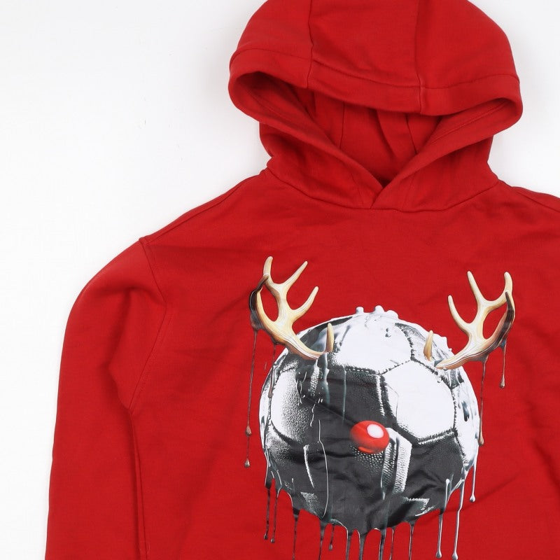F&F Boys Red 9-10 Years Pullover Hoodie Reindeer Football Graphic