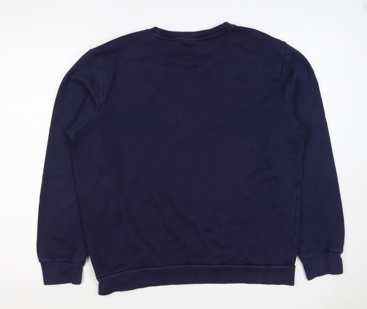 Close-up detail of Puma Men’s Blue M Crew Neck Logo Pullover Sweatshirt Sports