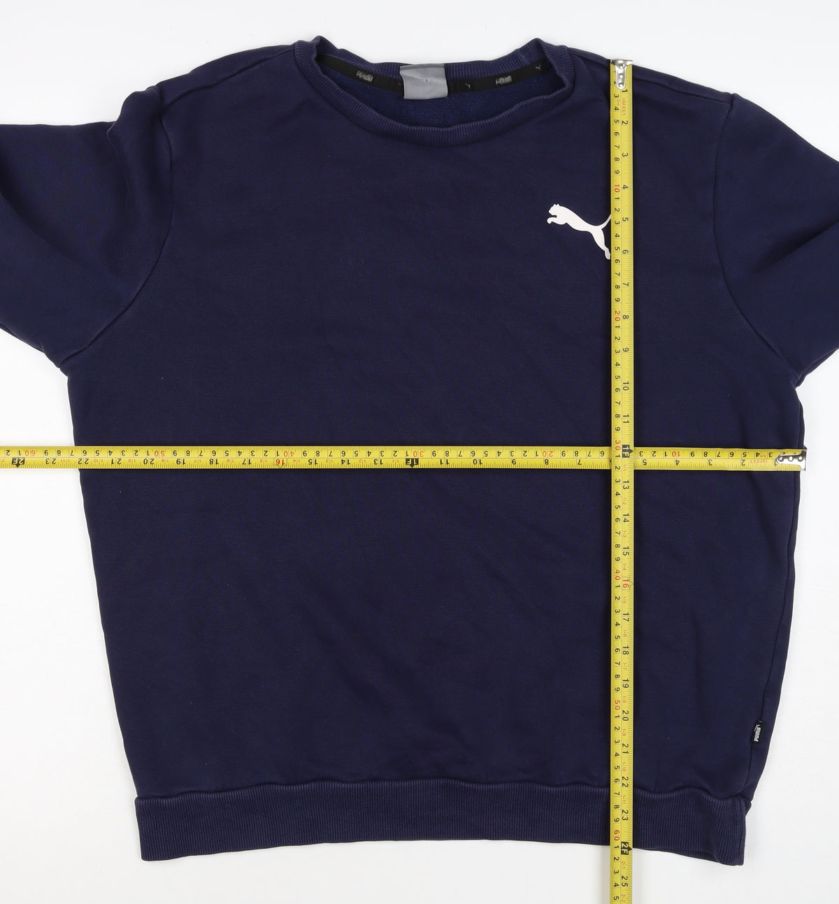 Brand and care label for Puma Men’s Blue M Crew Neck Logo Pullover Sweatshirt Sports