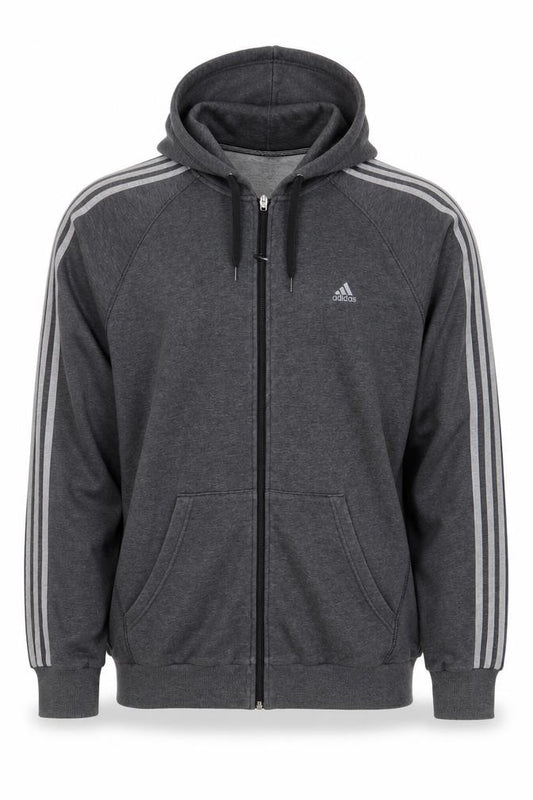 Adidas Men's Grey M Full Zip Hooded 3 Stripe Hoodie