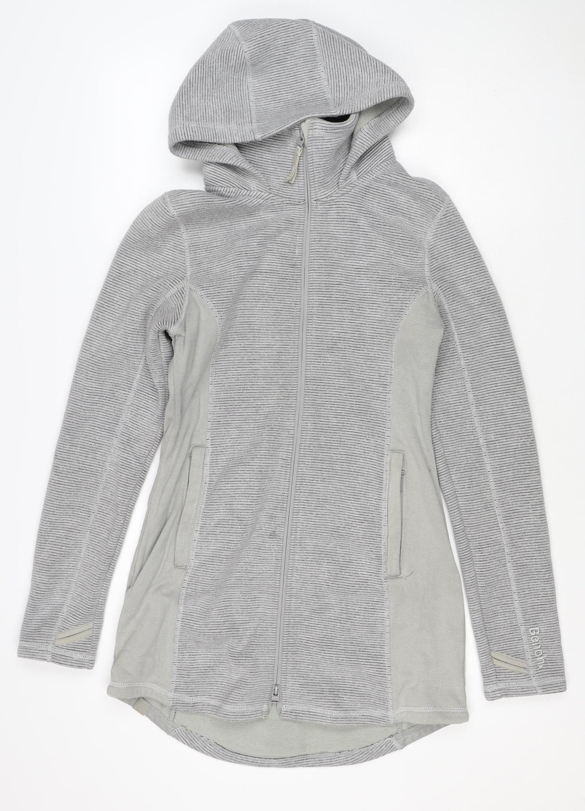 Back view of Bench Women Grey L Full Zip Hooded Ribbed Sweatshirt Zip Pockets