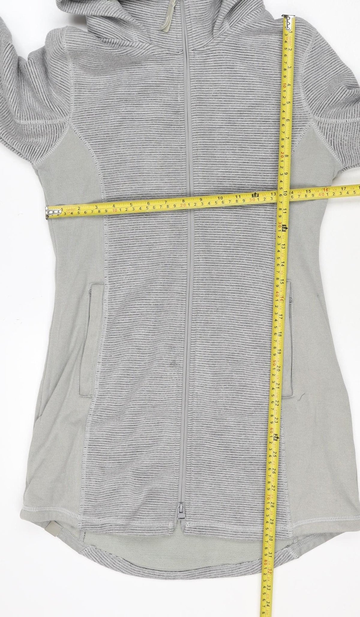 Brand and care label for Bench Women Grey L Full Zip Hooded Ribbed Sweatshirt Zip Pockets