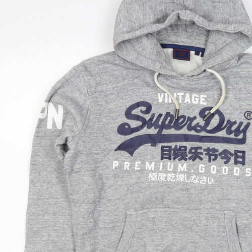 Superdry Men Grey S Pullover Hoodie Graphic Logo Fleece Pocket