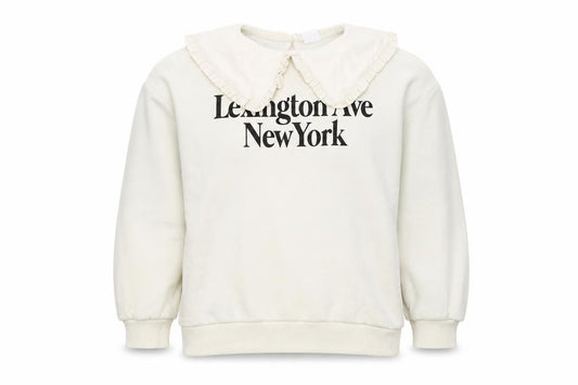 Front view of Zara girls’ ivory 13-14 years ruffle collar new york graphic sweatshirt