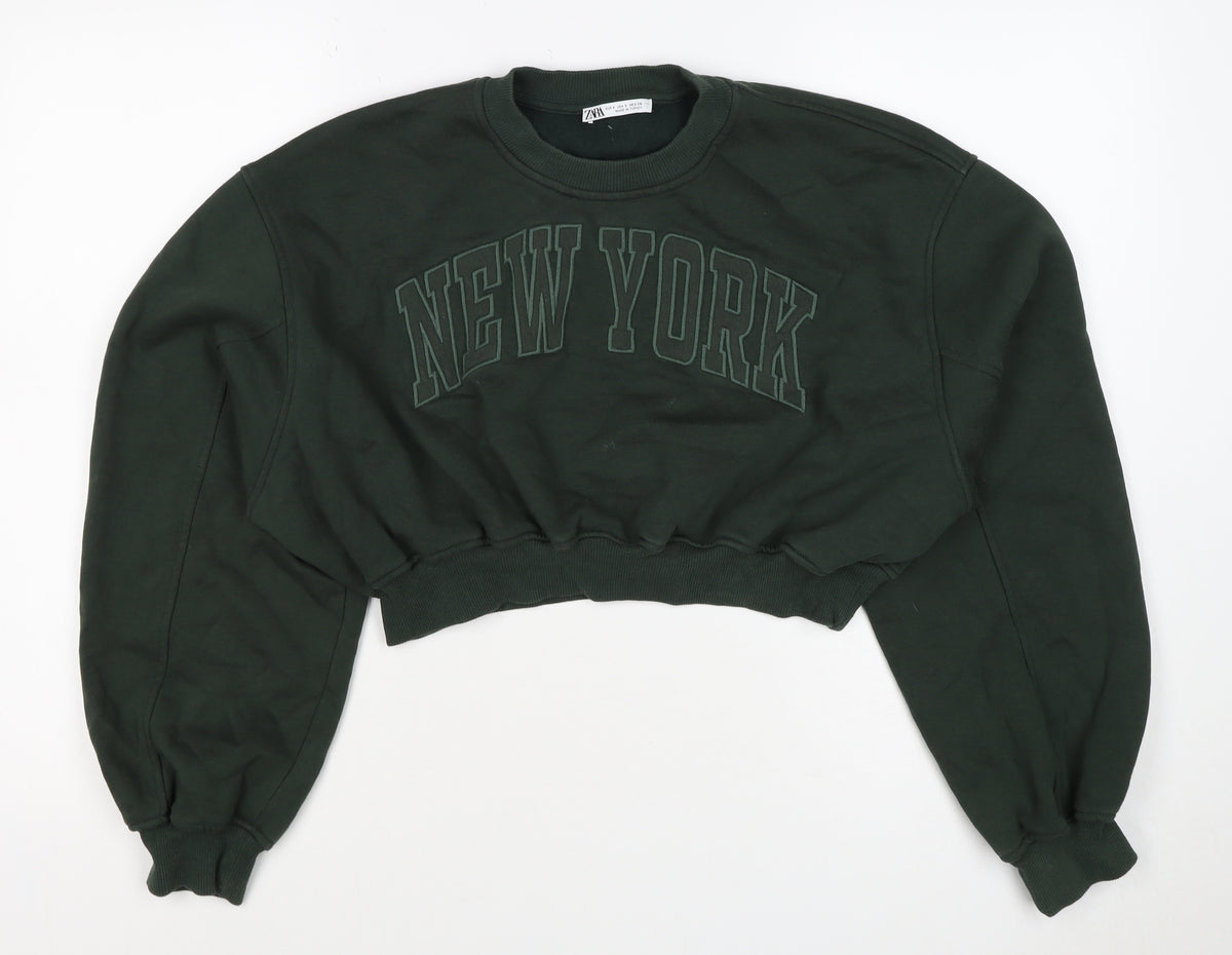 Zara Women’s Green S New York Cropped Pullover Sweatshirt