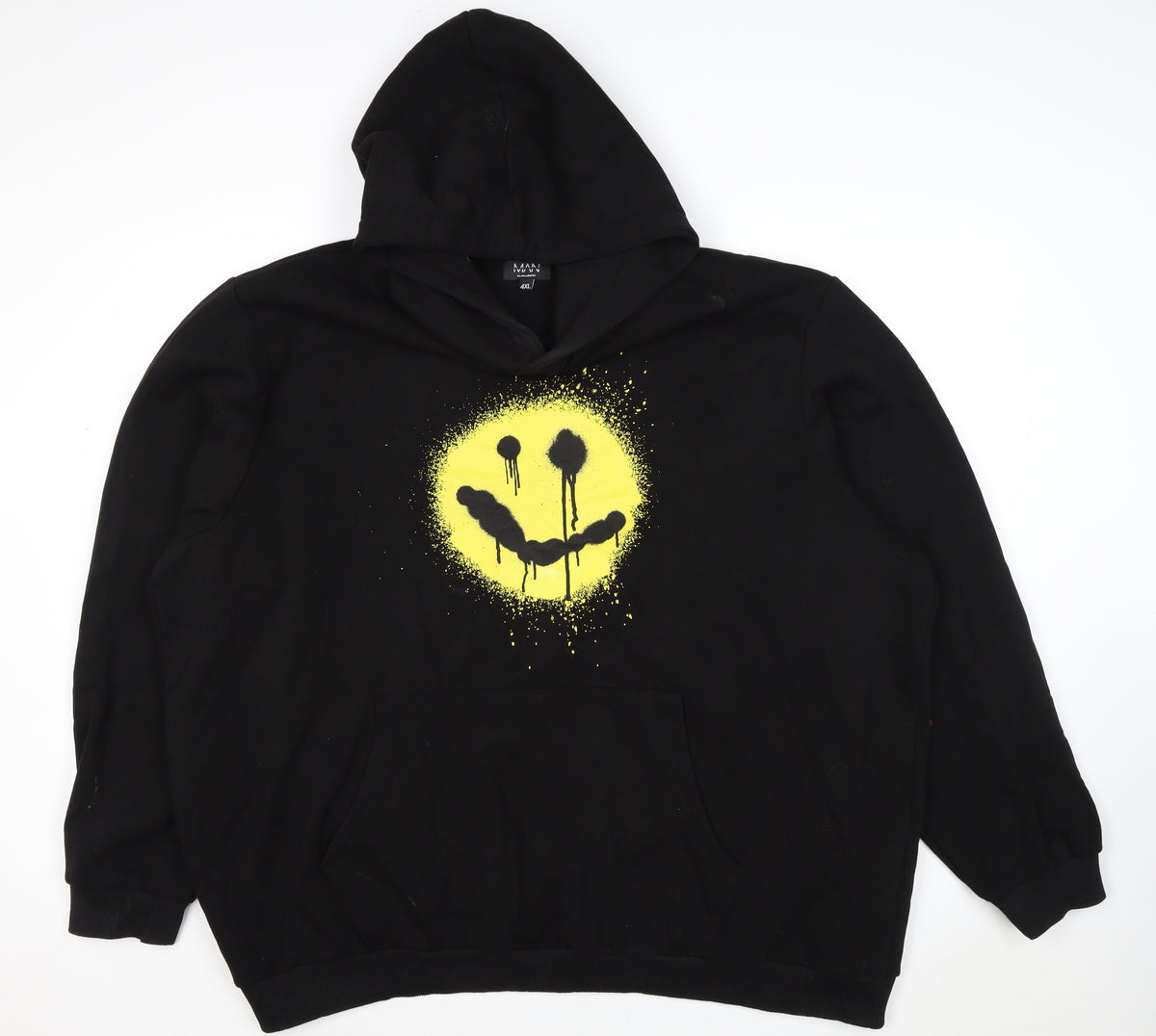boohooMAN Men’s Black 4XL Pullover Hoodie Yellow Smiley Graphic