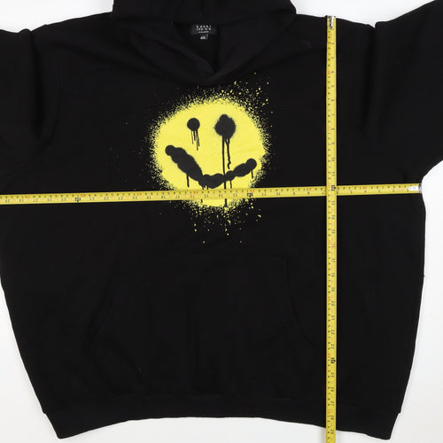 boohooMAN Men’s Black 4XL Pullover Hoodie Yellow Smiley Graphic