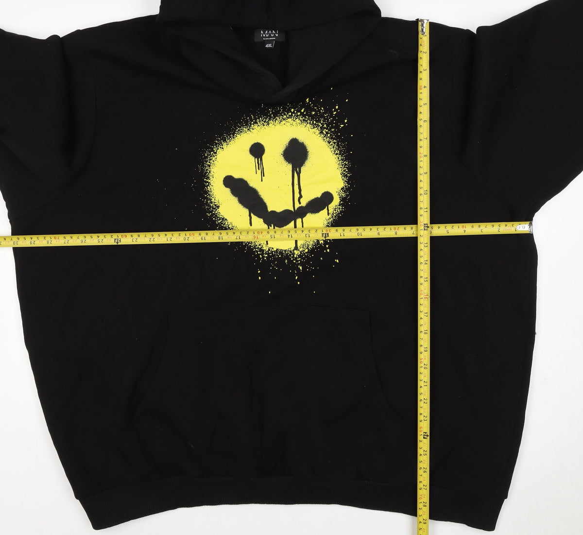 boohooMAN Men’s Black 4XL Pullover Hoodie Yellow Smiley Graphic