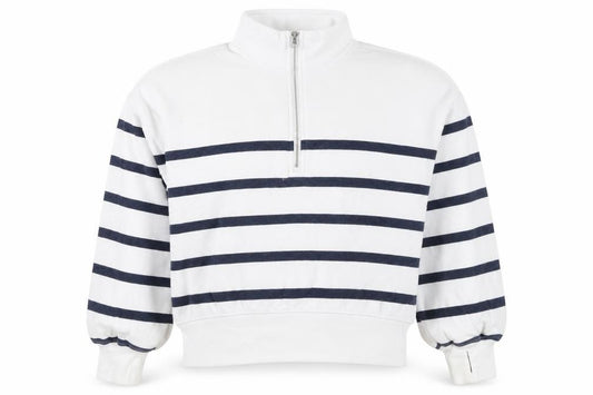 Front view of Abercrombie Kids girls’ white navy striped 13-14 years 1/4 zip sweatshirt