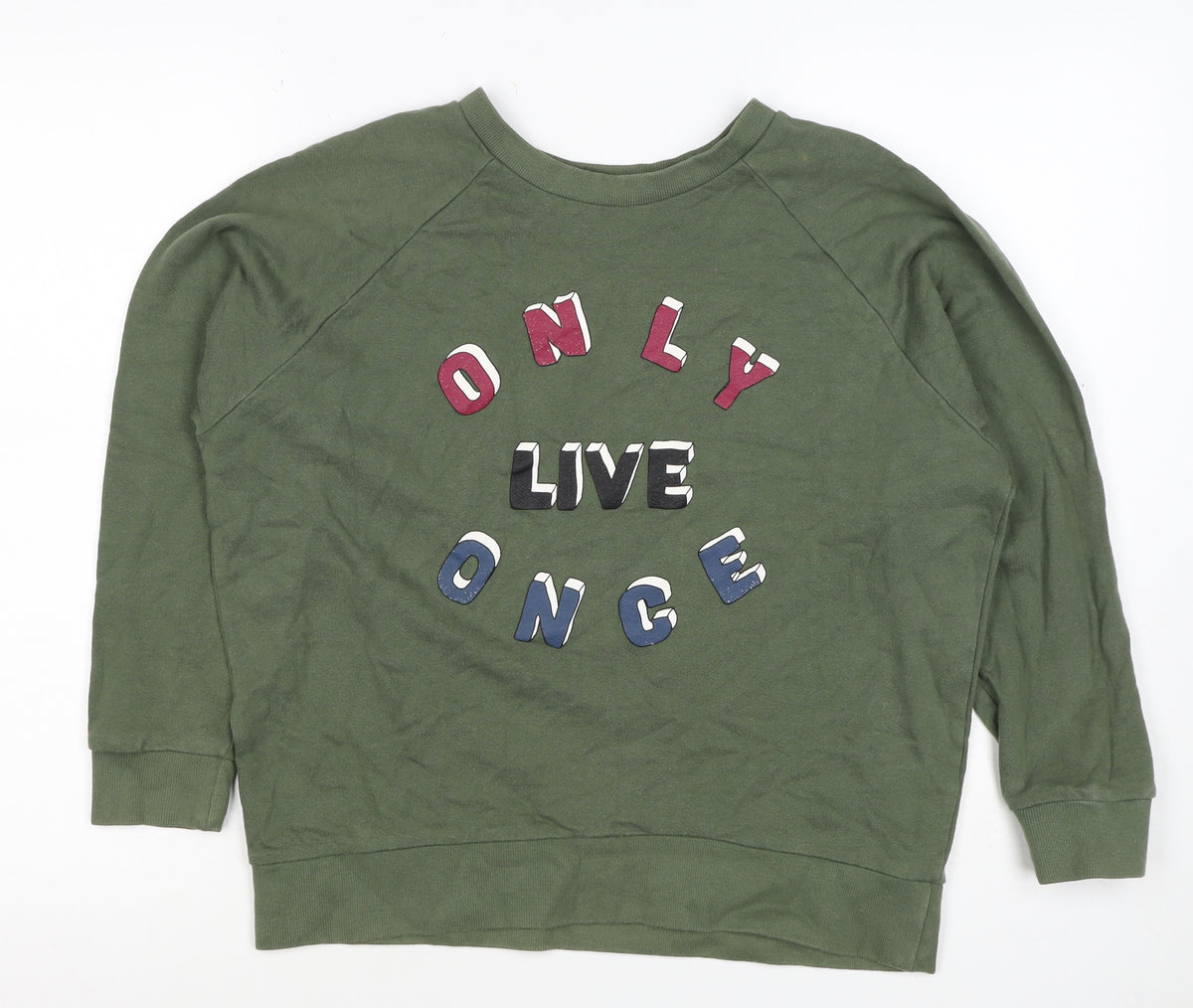 Back view of Pull&Bear Women’s Green S Only Live Once Graphic Pullover Sweatshirt