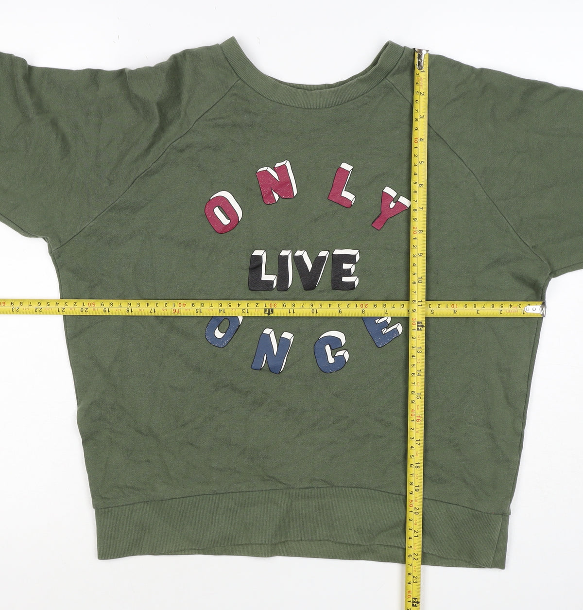 Brand and care label for Pull&Bear Women’s Green S Only Live Once Graphic Pullover Sweatshirt