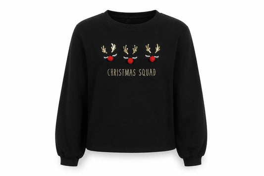 Front view of Lipsy girls’ black 13-14 years christmas squad sequin sweatshirt