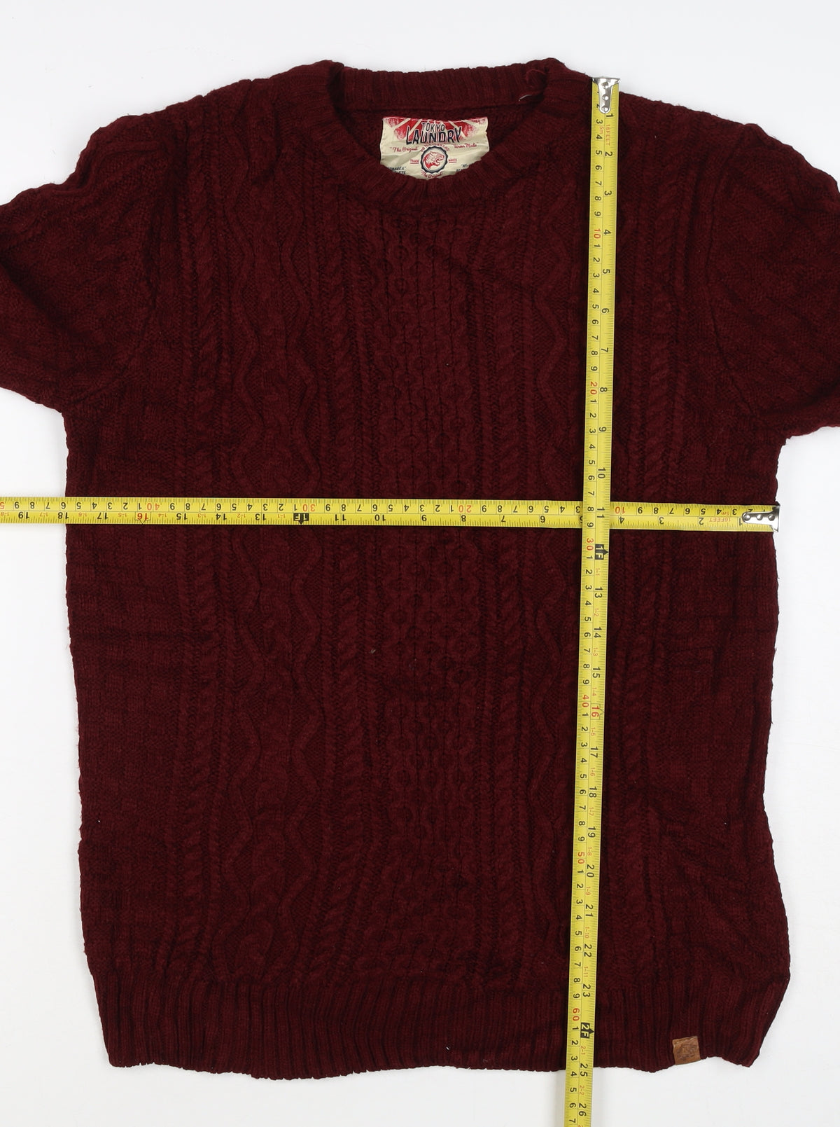 Brand and care label for Tokyo Laundry Men’s Red S Cable Knit Crew Neck jumper