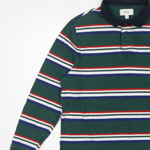 M&S Mens Green Striped Long Sleeve Cotton Polo Shirt XL Regular