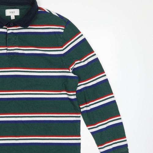 M&S Mens Green Striped Long Sleeve Cotton Polo Shirt XL Regular