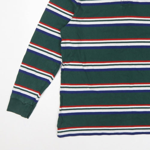 M&S Mens Green Striped Long Sleeve Cotton Polo Shirt XL Regular