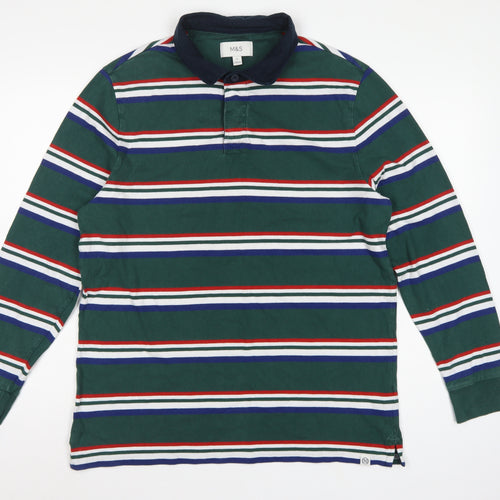 M&S Mens Green Striped Long Sleeve Cotton Polo Shirt XL Regular