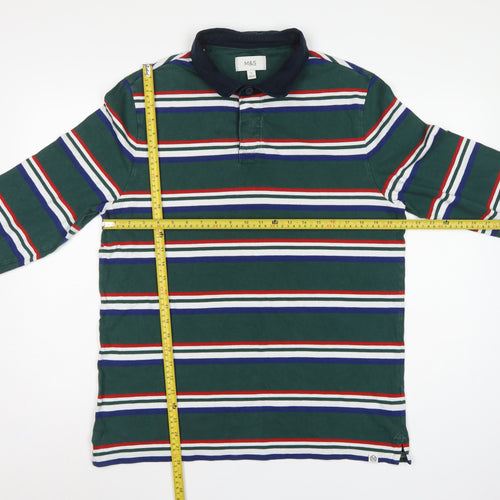 M&S Mens Green Striped Long Sleeve Cotton Polo Shirt XL Regular