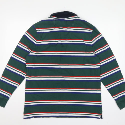 M&S Mens Green Striped Long Sleeve Cotton Polo Shirt XL Regular