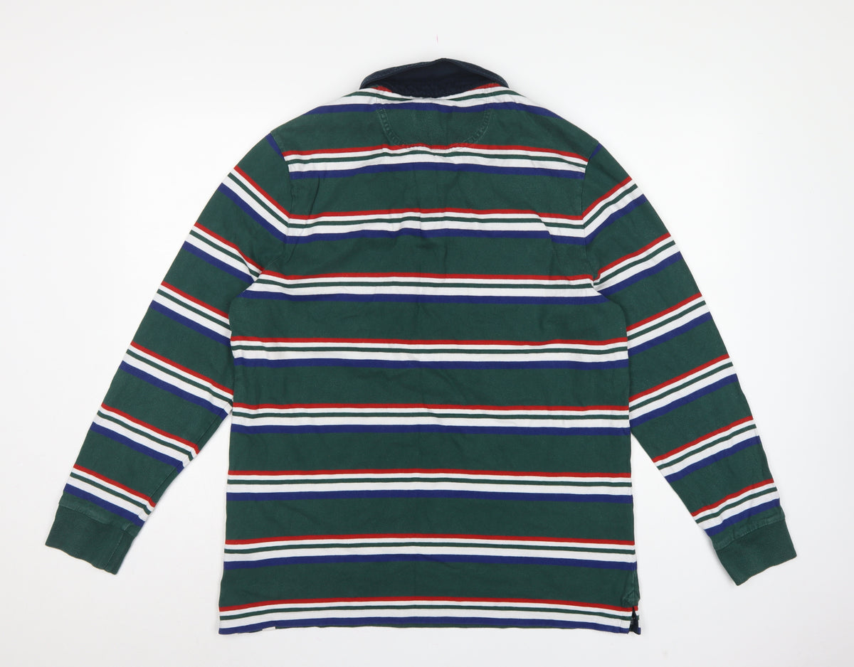 M&S Mens Green Striped Long Sleeve Cotton Polo Shirt XL Regular