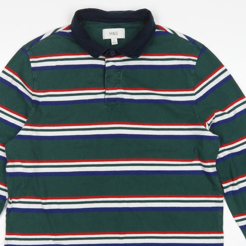 M&S Mens Green Striped Long Sleeve Cotton Polo Shirt XL Regular