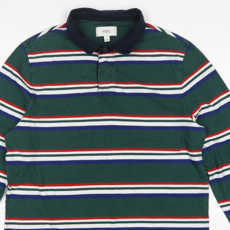 M&S Mens Green Striped Long Sleeve Cotton Polo Shirt XL Regular