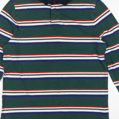 M&S Mens Green Striped Long Sleeve Cotton Polo Shirt XL Regular