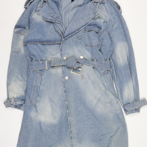 boohooMAN Men’s Blue Denim Hooded Belted Long Trench Coat Size L