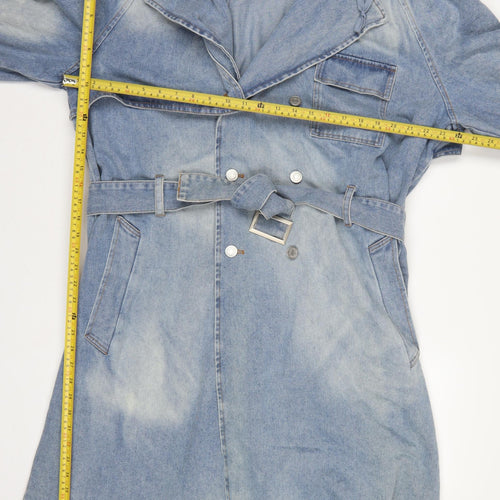 boohooMAN Men’s Blue Denim Hooded Belted Long Trench Coat Size L