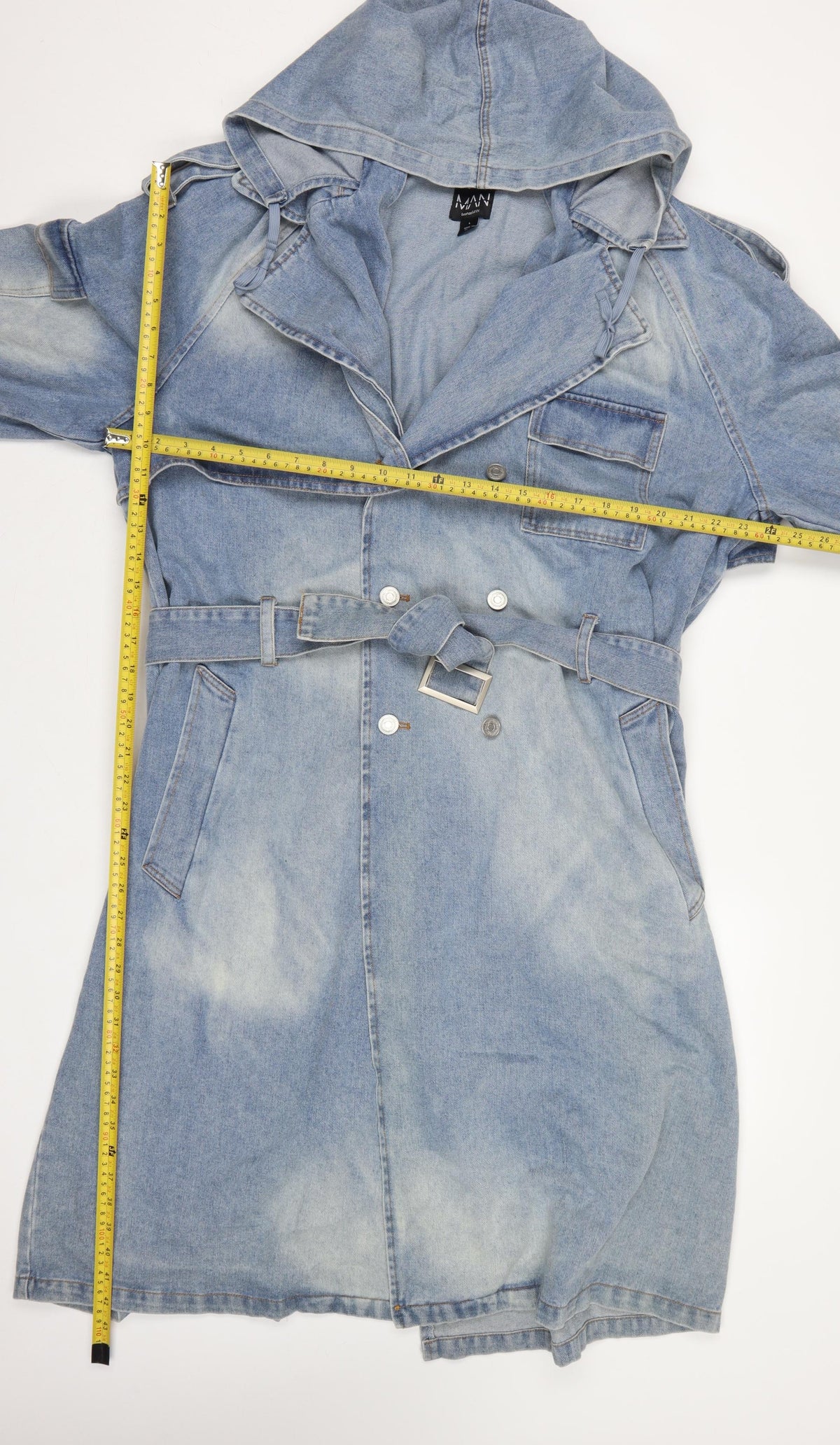 boohooMAN Men’s Blue Denim Hooded Belted Long Trench Coat Size L