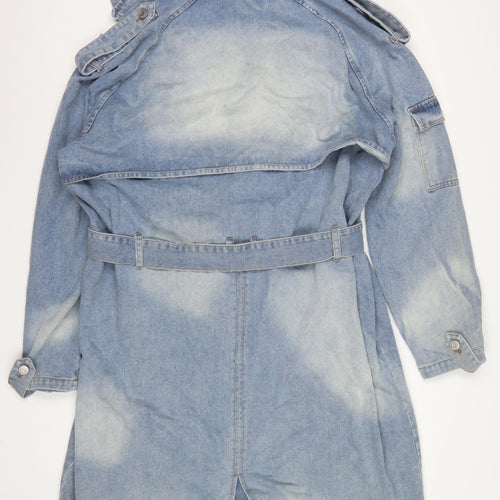 boohooMAN Men’s Blue Denim Hooded Belted Long Trench Coat Size L