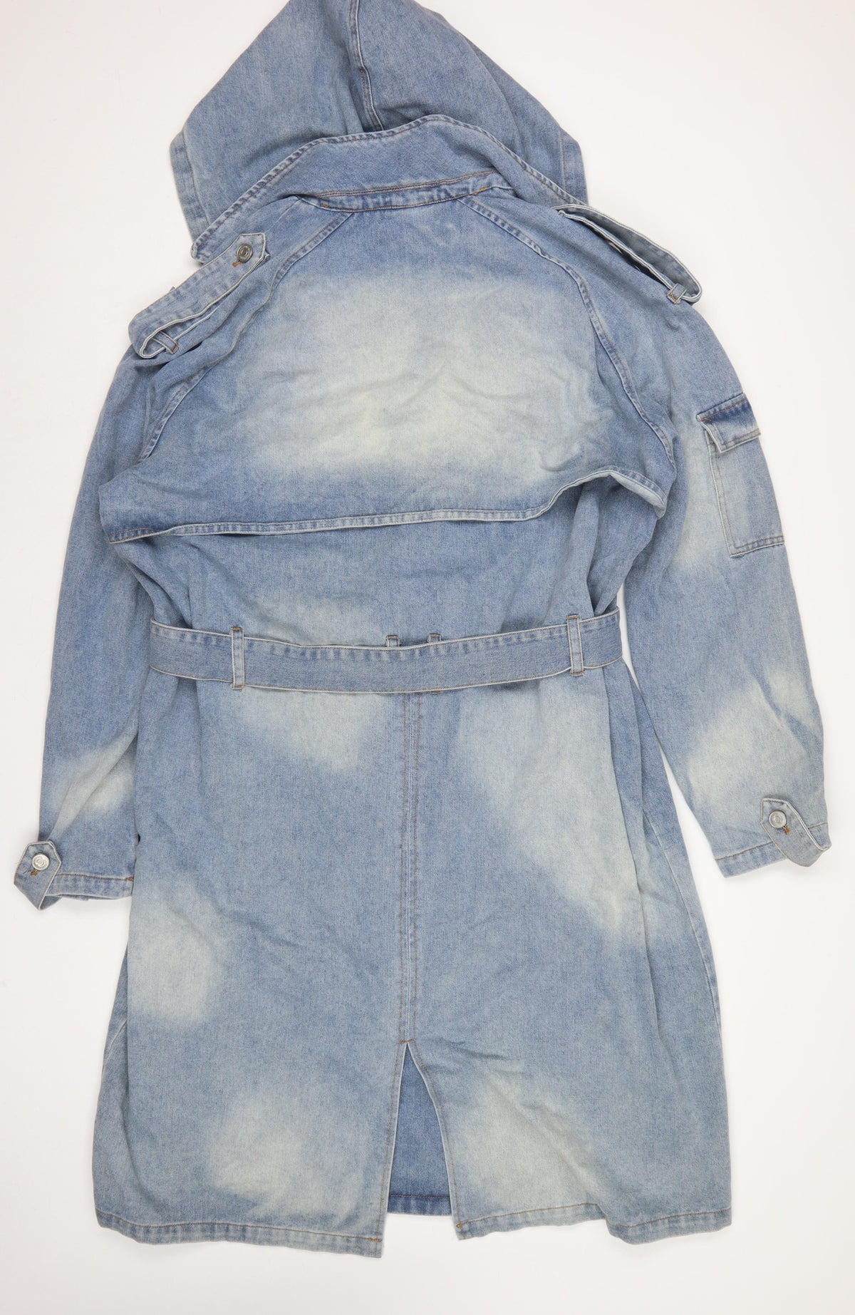 boohooMAN Men’s Blue Denim Hooded Belted Long Trench Coat Size L