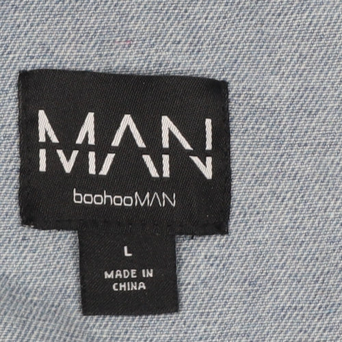 boohooMAN Men’s Blue Denim Hooded Belted Long Trench Coat Size L