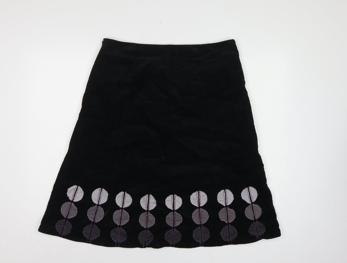 Boden Women Black UK 14 A-Line Corduroy Embroidered Knee Skirt