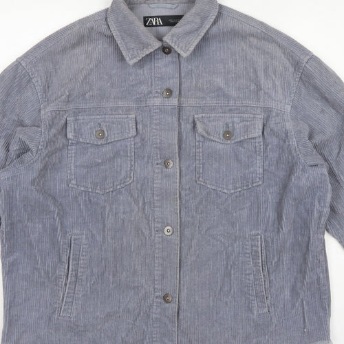 Zara Women Grey S Corduroy Button Shacket Collared Pockets Jacket