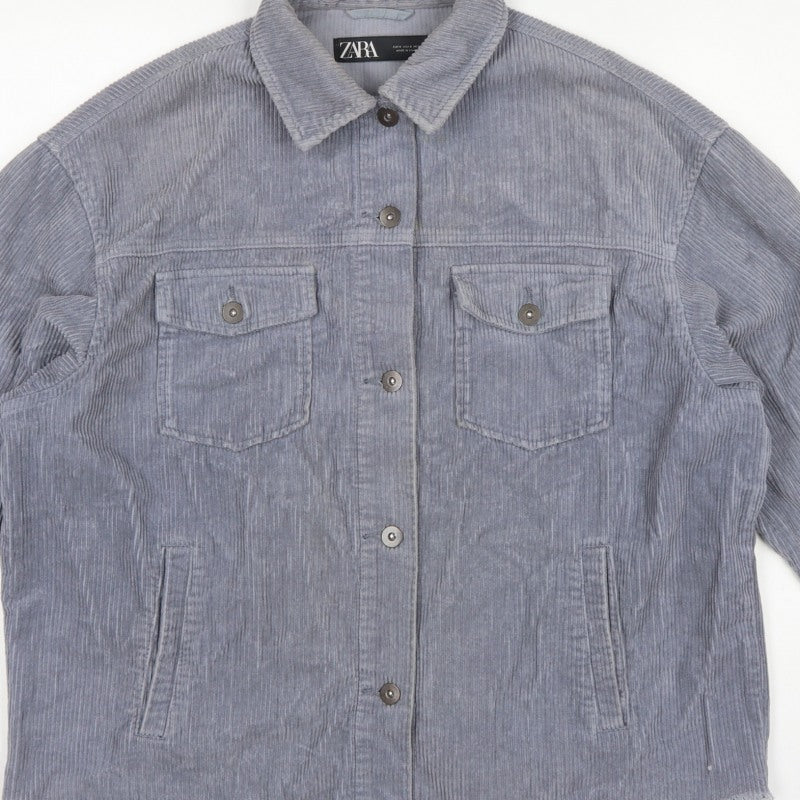 Zara Women Grey S Corduroy Button Shacket Collared Pockets Jacket
