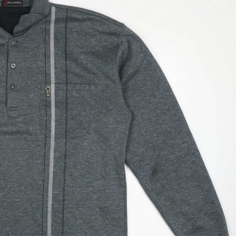 Goldmen Men Grey 2XL Henley Collared Striped Cotton Blend Sweatshirt