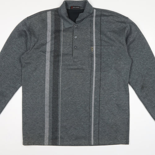 Goldmen Men Grey 2XL Henley Collared Striped Cotton Blend Sweatshirt