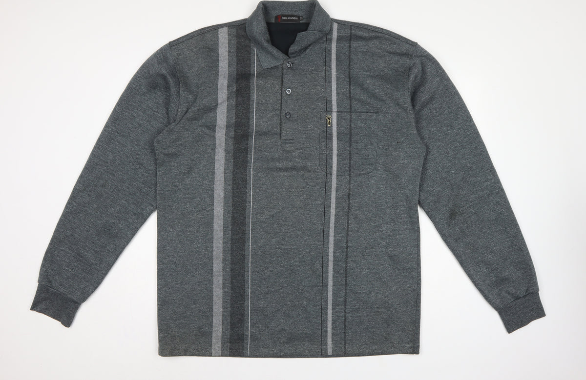 Goldmen Men Grey 2XL Henley Collared Striped Cotton Blend Sweatshirt