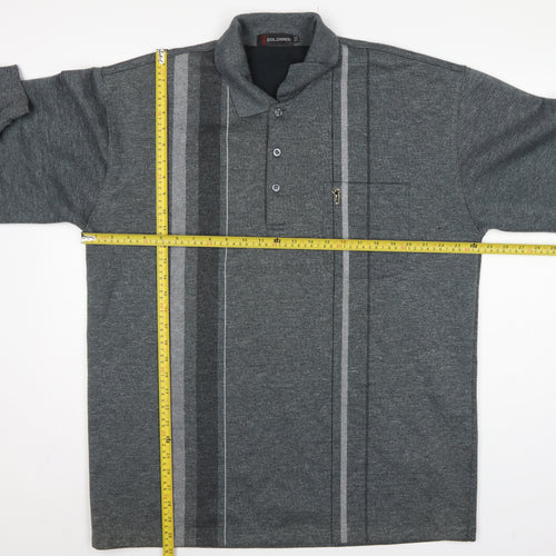 Goldmen Men Grey 2XL Henley Collared Striped Cotton Blend Sweatshirt