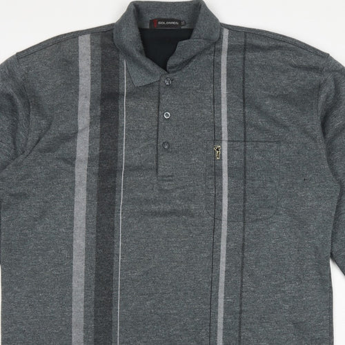 Goldmen Men Grey 2XL Henley Collared Striped Cotton Blend Sweatshirt