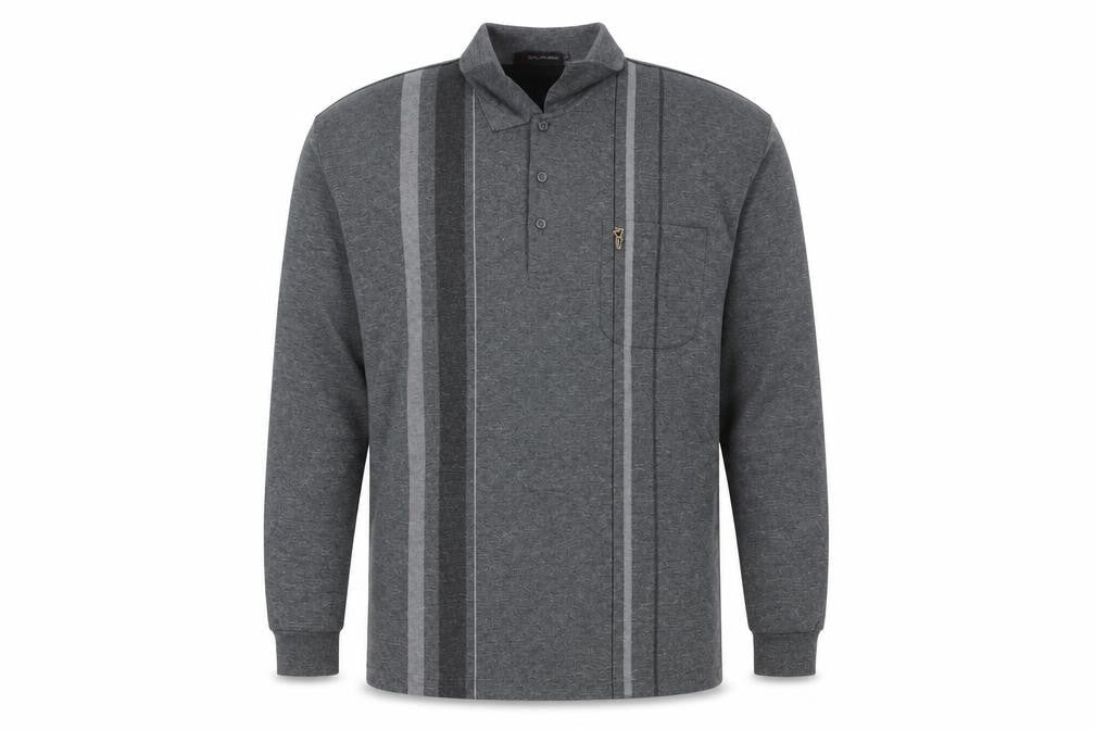 Goldmen Men Grey 2XL Henley Collared Striped Cotton Blend Sweatshirt