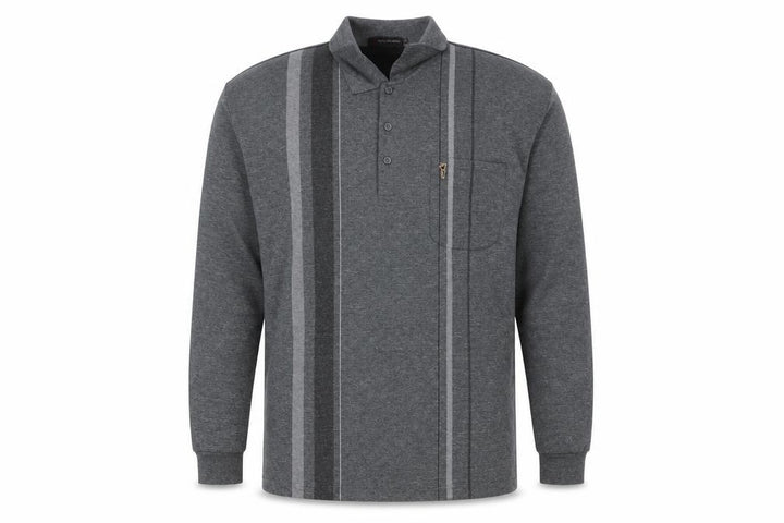 Goldmen Men Grey 2XL Henley Collared Striped Cotton Blend Sweatshirt