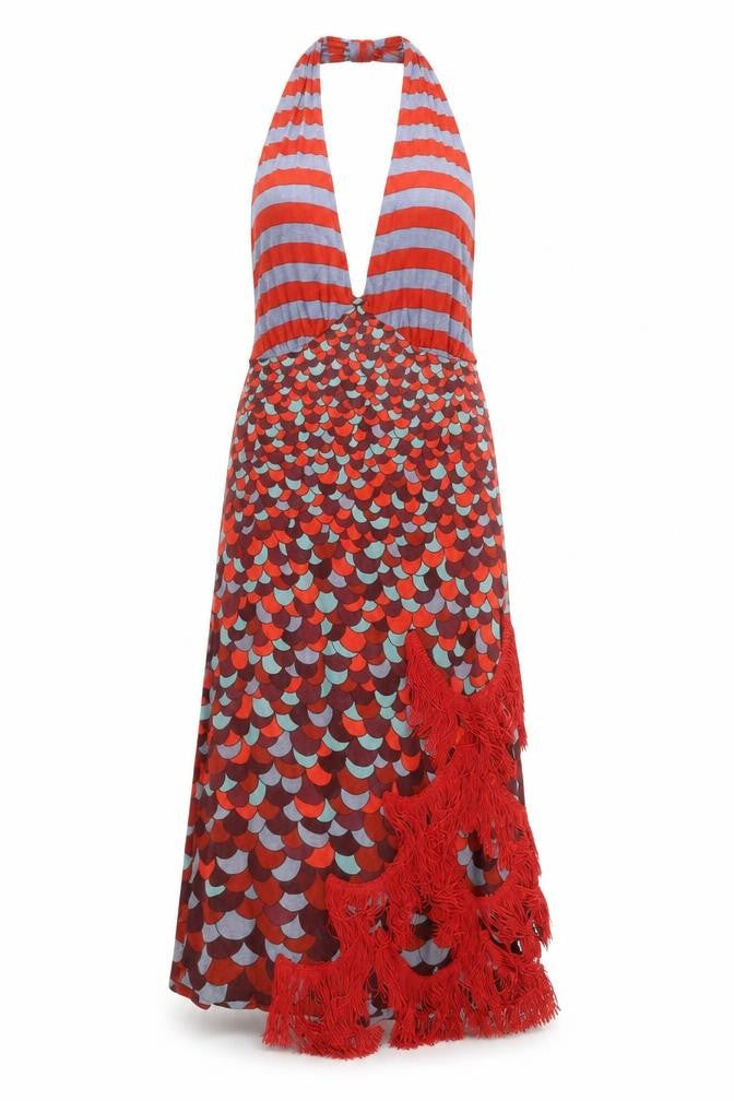 Jean Paul Gaultier Women Multicoloured M Silk Halter Maxi Fringe Dress