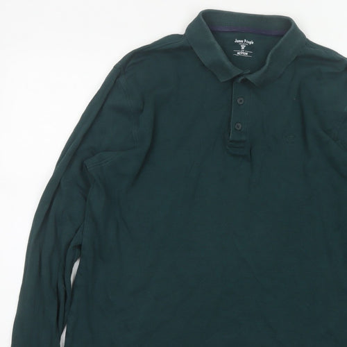 James Pringle Men Green Medium Long Sleeve Cotton Polo Shirt