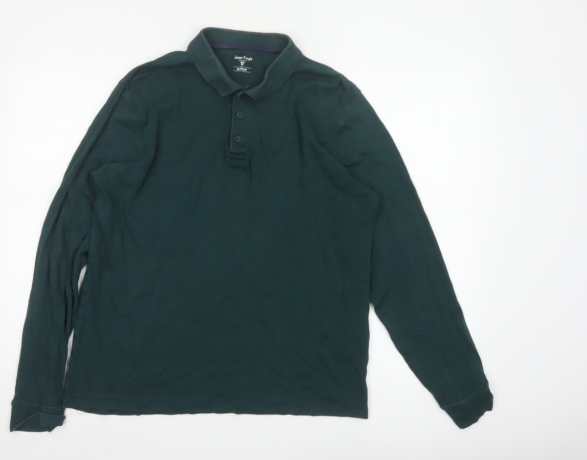 James Pringle Men Green Medium Long Sleeve Cotton Polo Shirt
