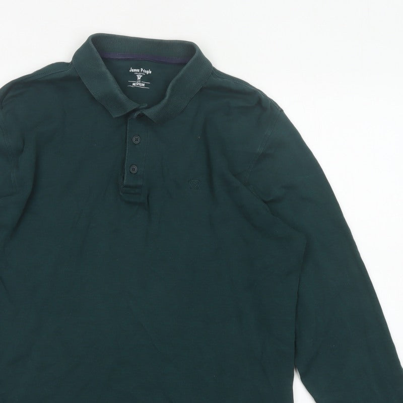James Pringle Men Green Medium Long Sleeve Cotton Polo Shirt